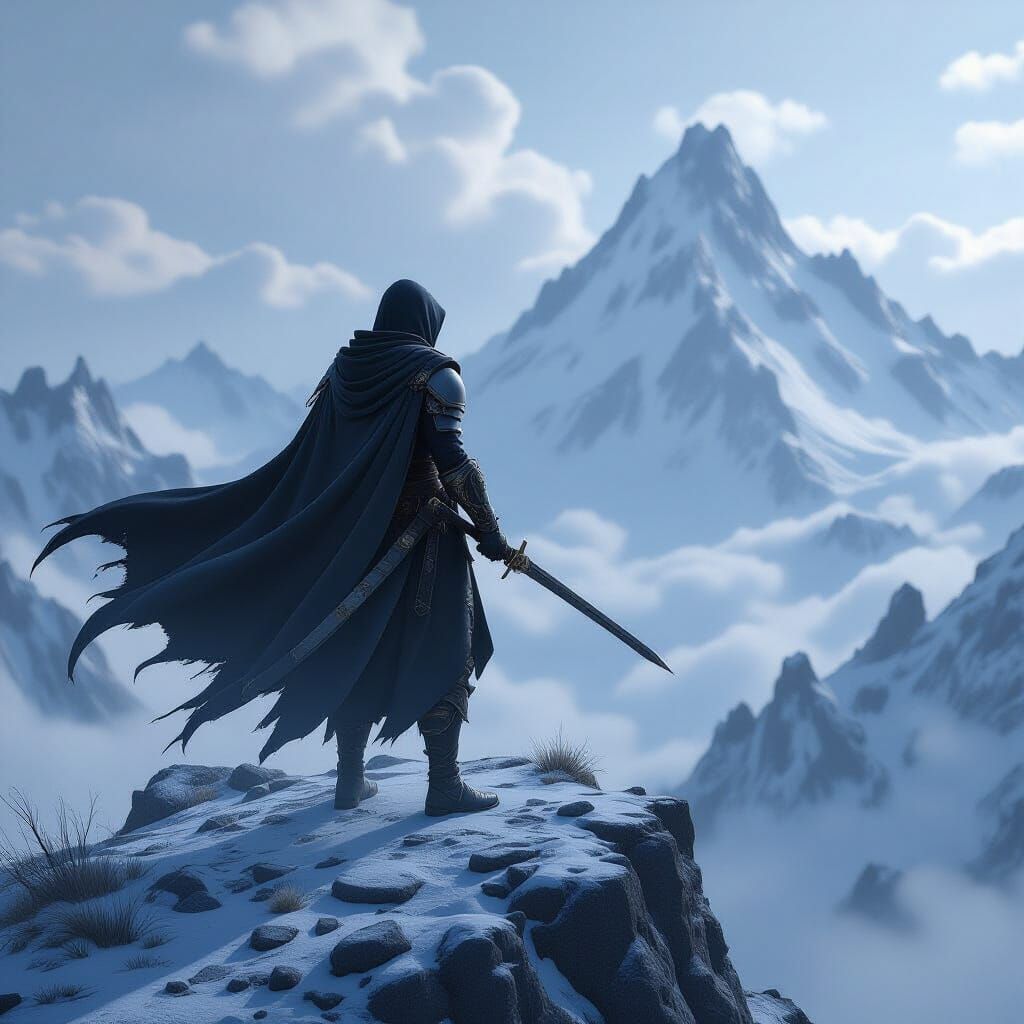 Stoic Warrior on Mountain Peak, 3D Anime Style