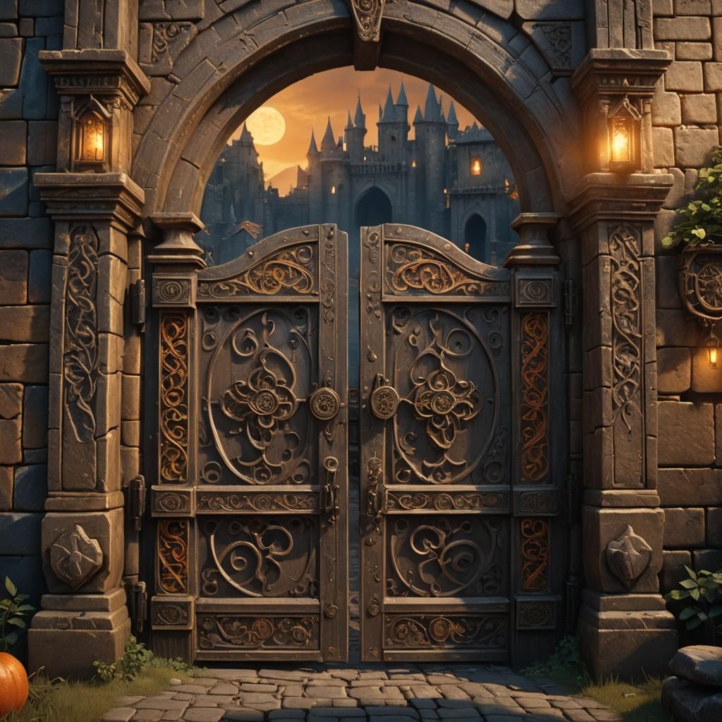 Ornate Brown Gate with Flickering Torchlight: Fantasy Matte ...