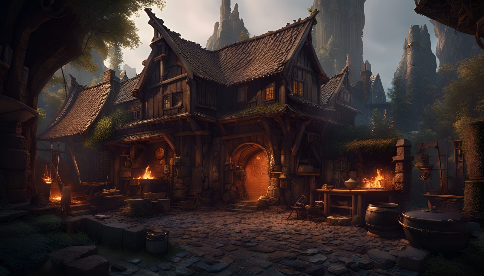 Fantasy Blacksmith at Forge: Detailed Matte Painting