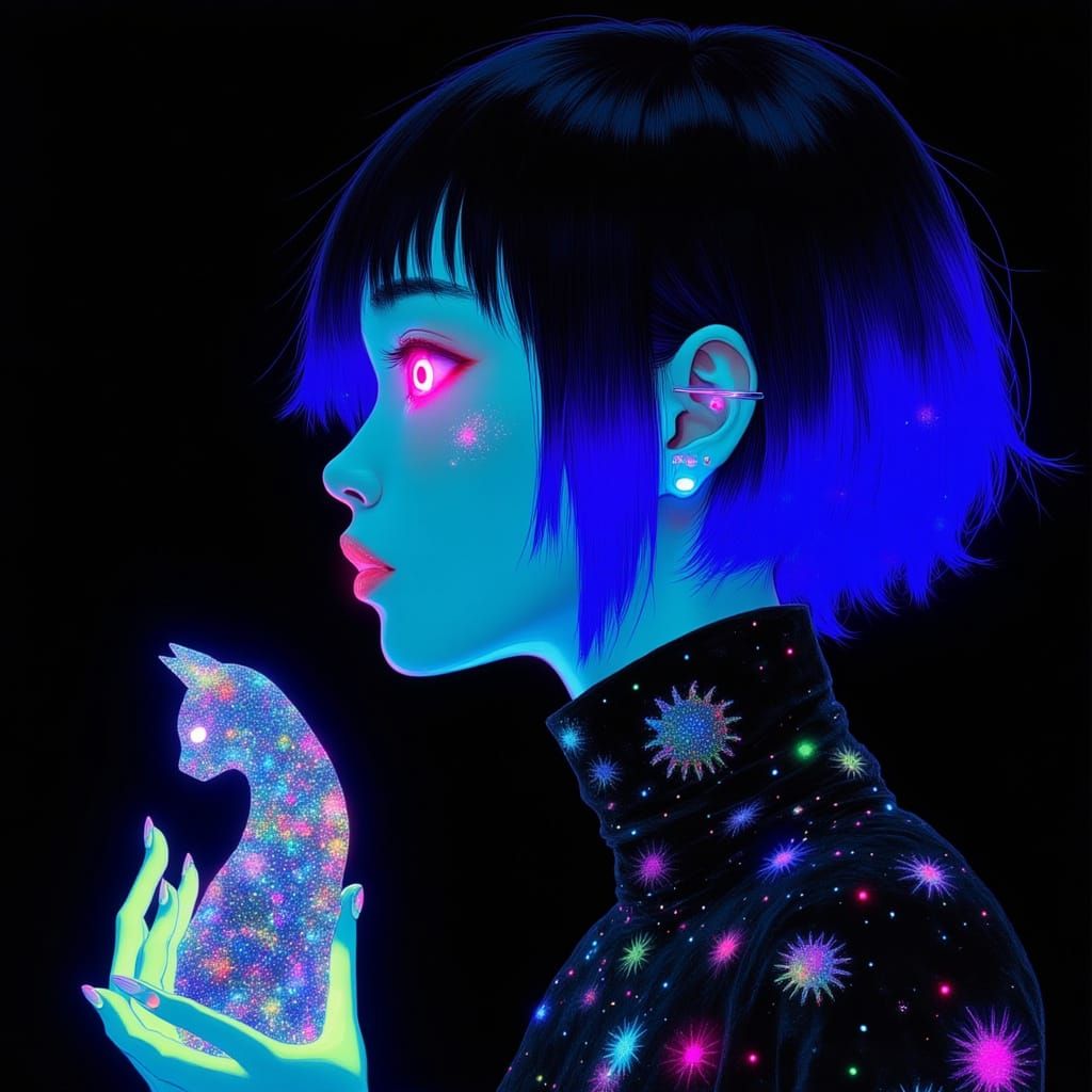 Cyberpunk Woman with Okimono Cat in Neon-Lit Profile