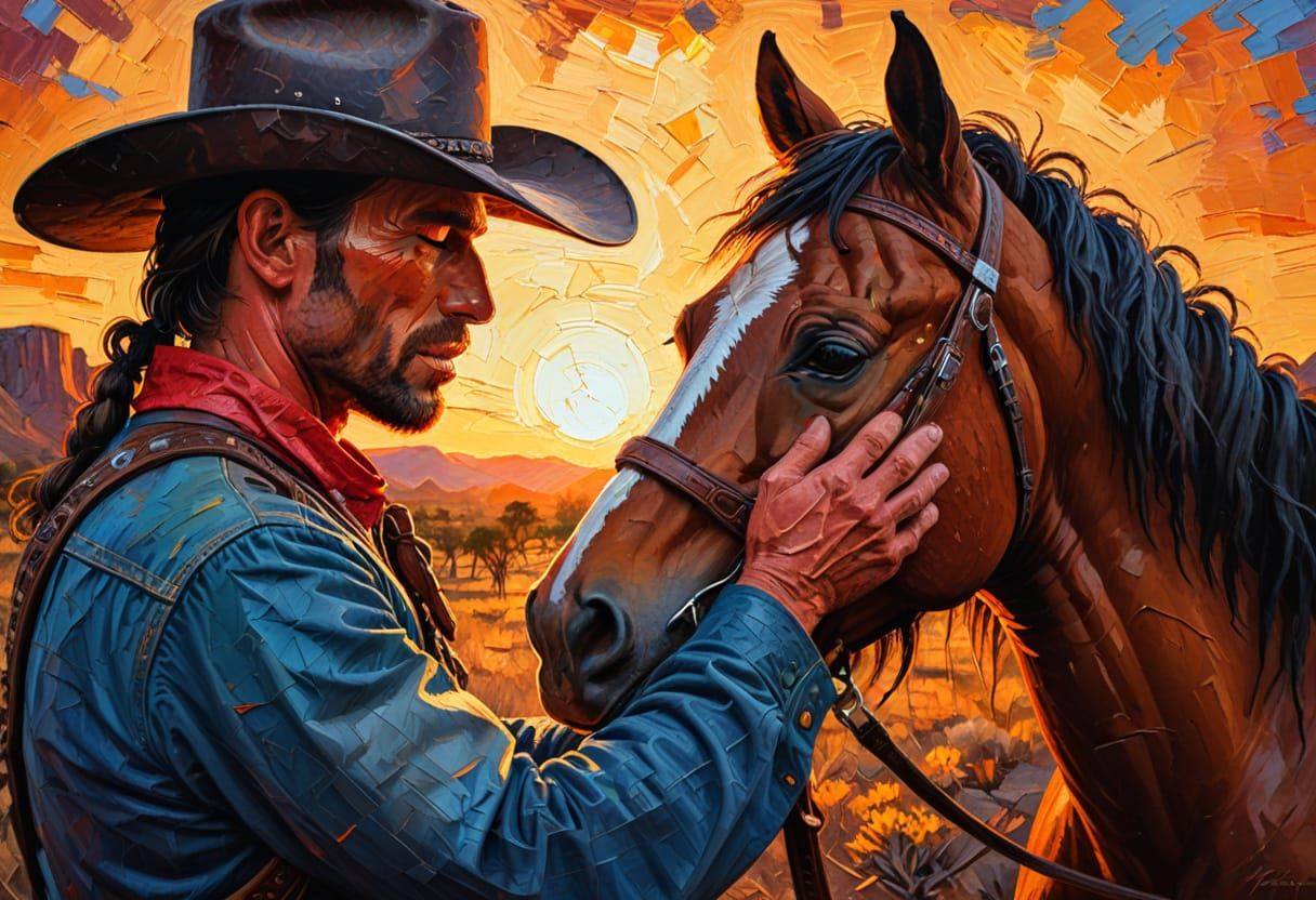 Cowboy Kisses Horse's Forehead at Sunset in Impasto Style