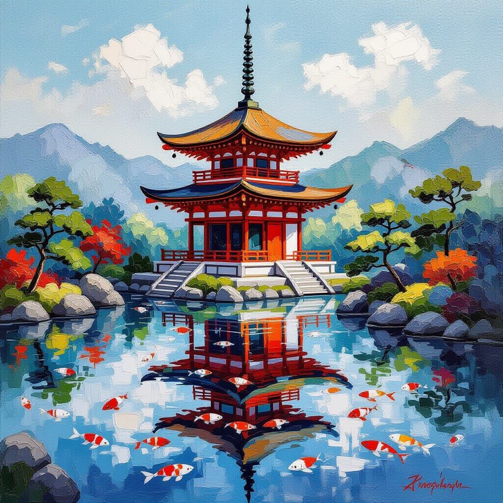 Zen Pagoda on Koi Pond, Impasto Gouache Watercolor