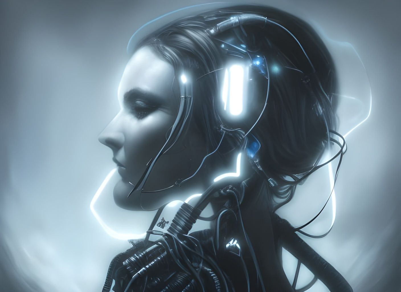 Cyberpunk Woman Plugged into Computer: Digital Art