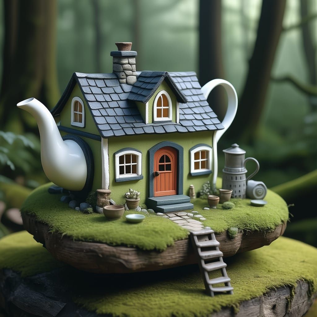 Whimsical Cottage Teapot on Mossy Log