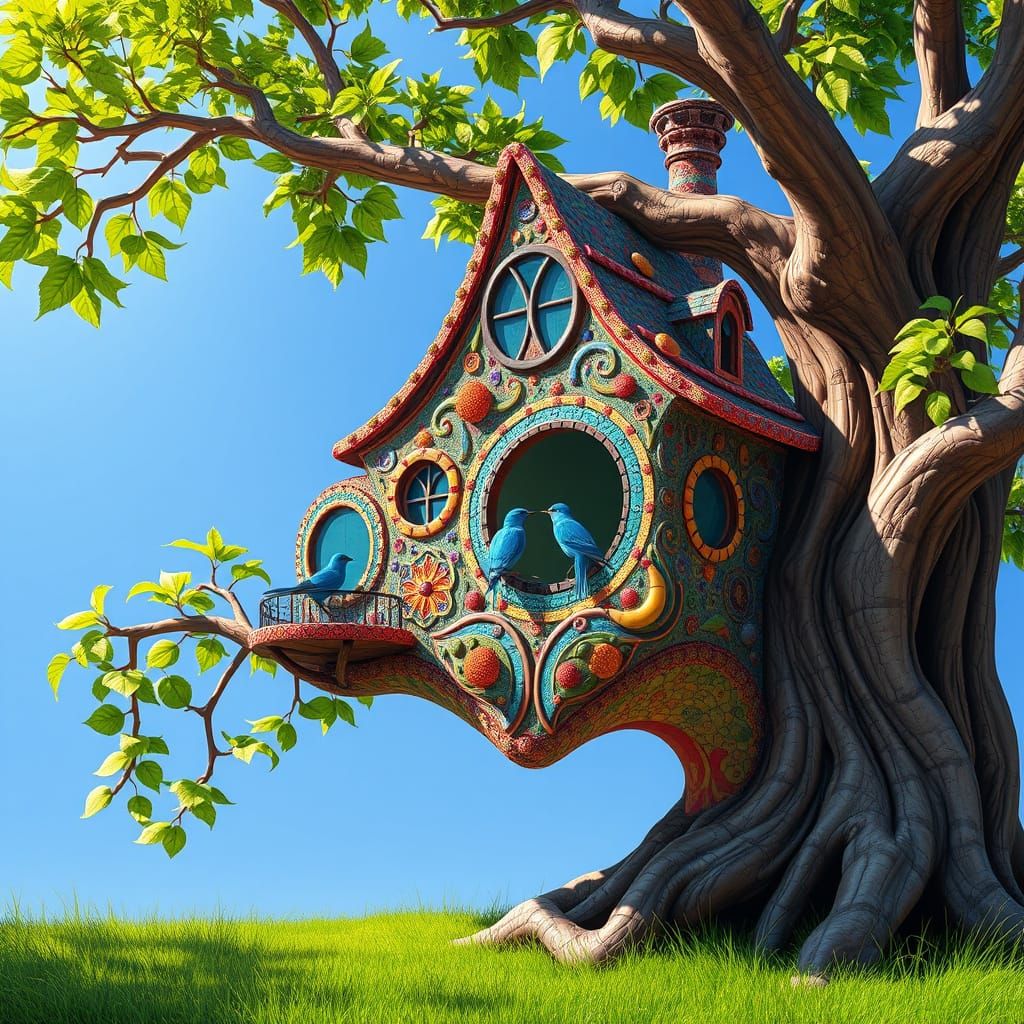 Gaudi-Inspired Art Nouveau Treehouse with Blue Birds