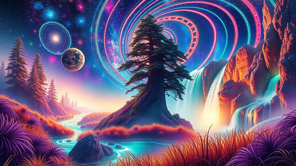 Neon Dreamscape: Fibonacci Galaxies in Emerald River