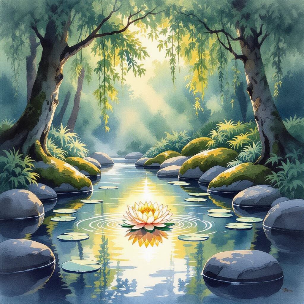 Serene Koi Pond Under Forest Canopy with Golden Aura Lotus