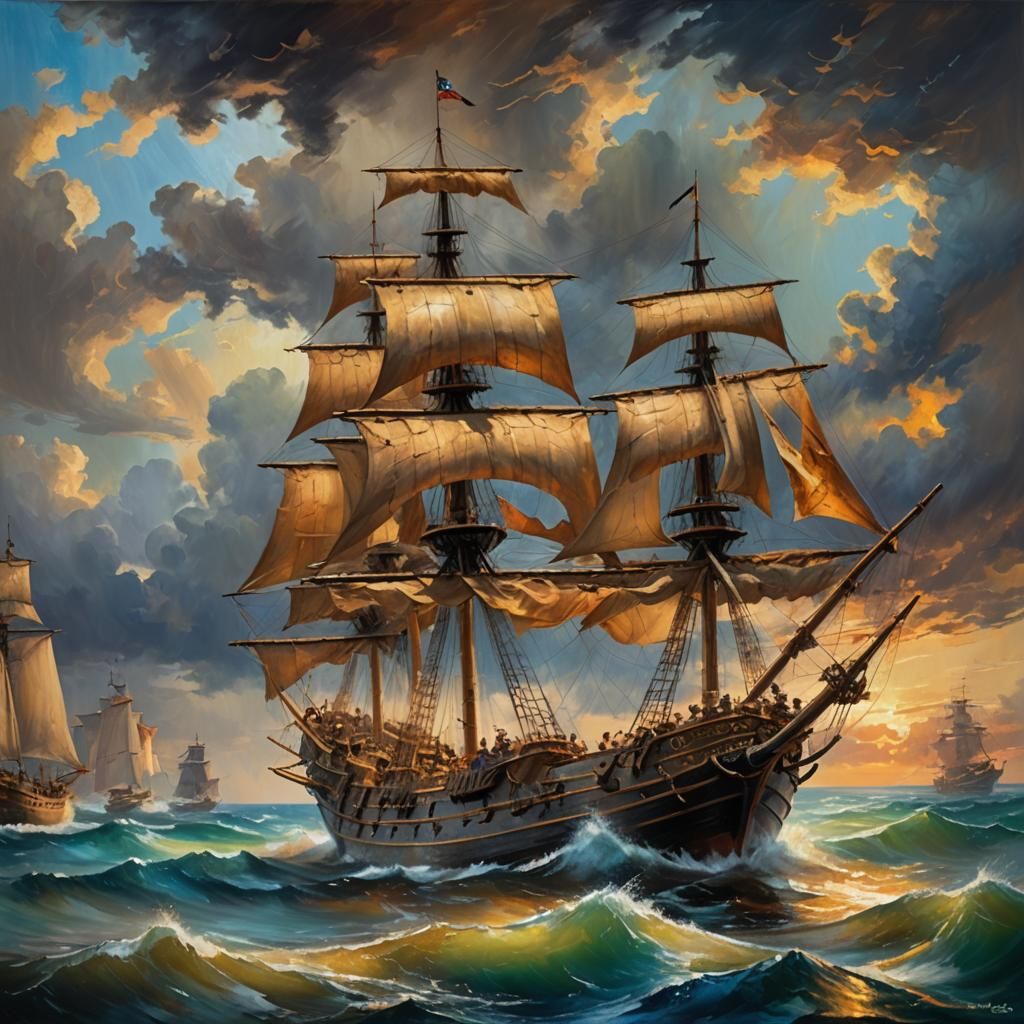 Pirate Ship on Turbulent Sea in Oil Painting Style