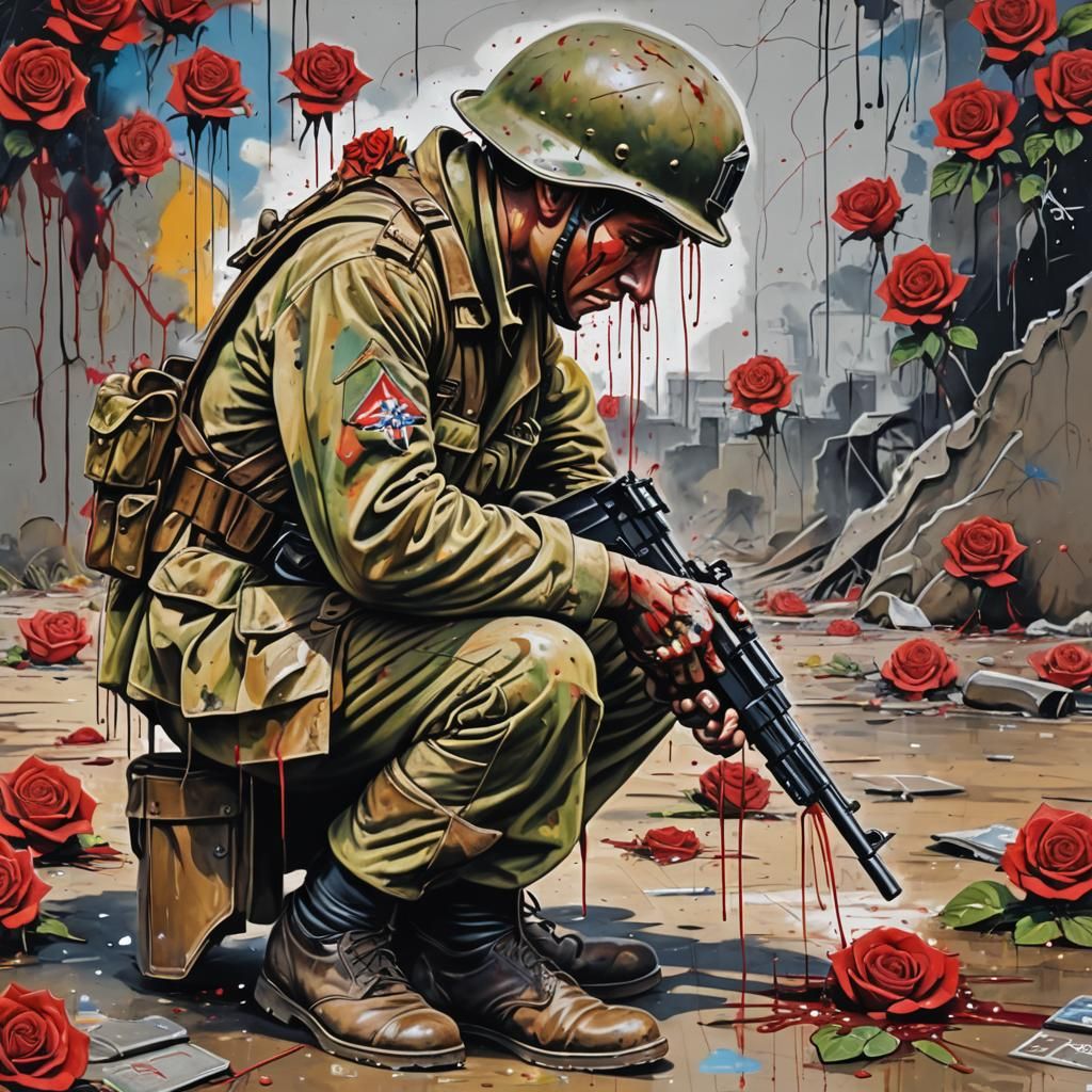 World War II Soldier's Despair: Graffiti Art
