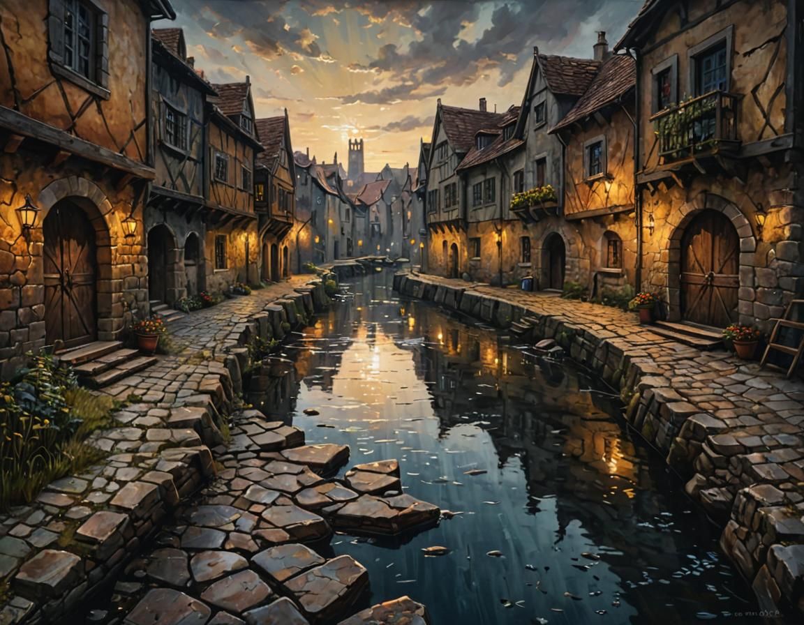 Medieval Town Street River Acrylic Painting