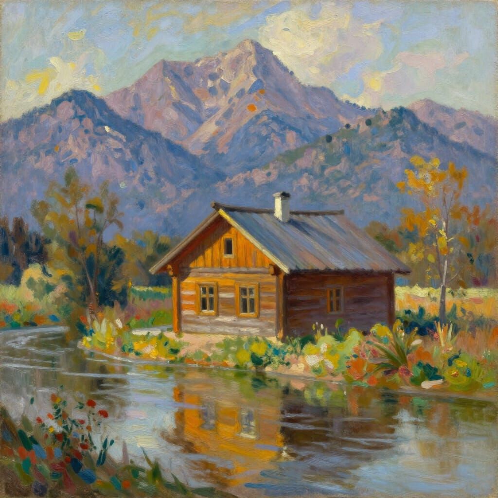 Golden Hour Riverfront Cabin with Majestic Mountains