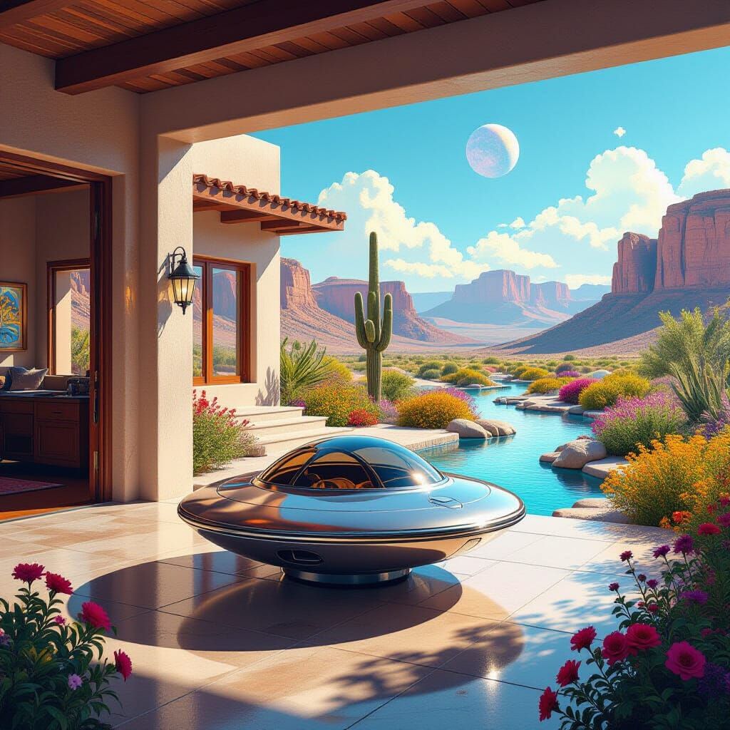 Futuristic Saucer in Desert Oasis, Cosmic Illustration