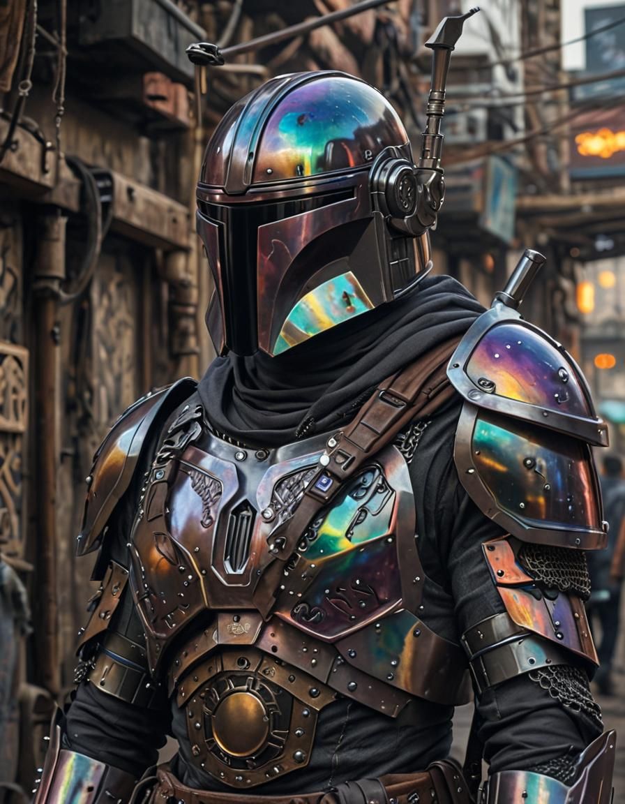 Mandalorian Warrior Portrait in Cyberpunk Style