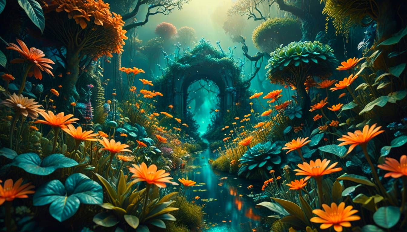 Surreal Cinematic Garden with Iridescent Blooms and Glowing....