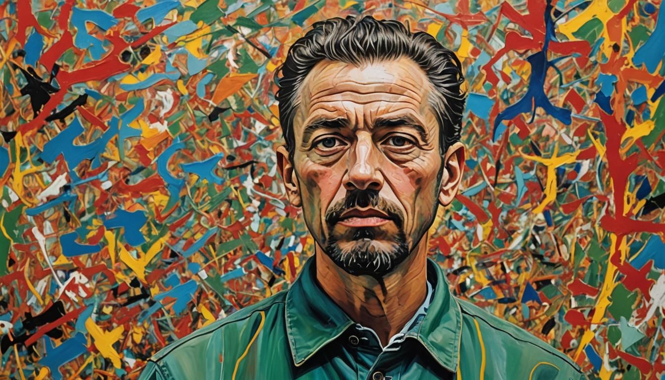 Neo-Expressionist Portrait Before Abstract Painting