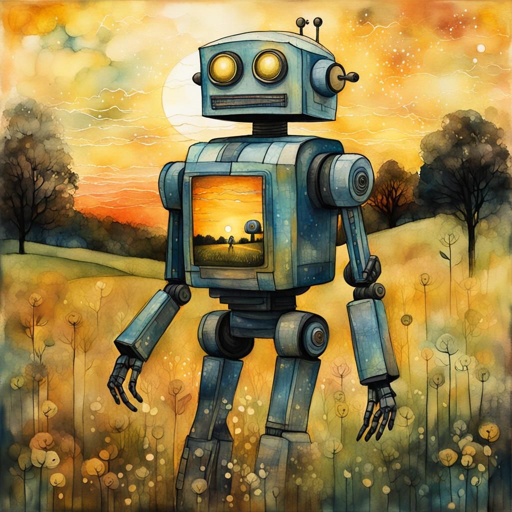 Robot in Countryside: Liquid Ink Watercolor Illustration
