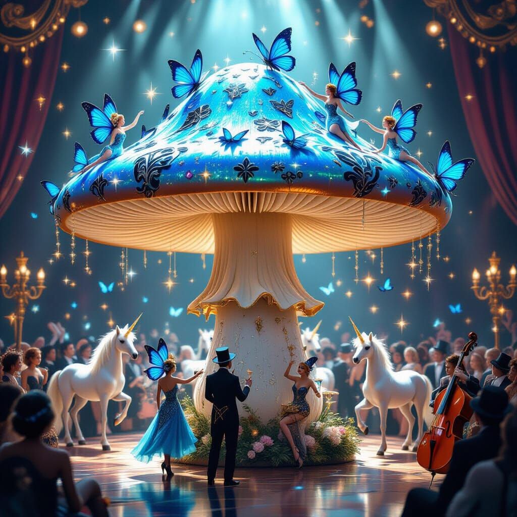 Mystical Cabaret Scene with Iridescent Mushroom