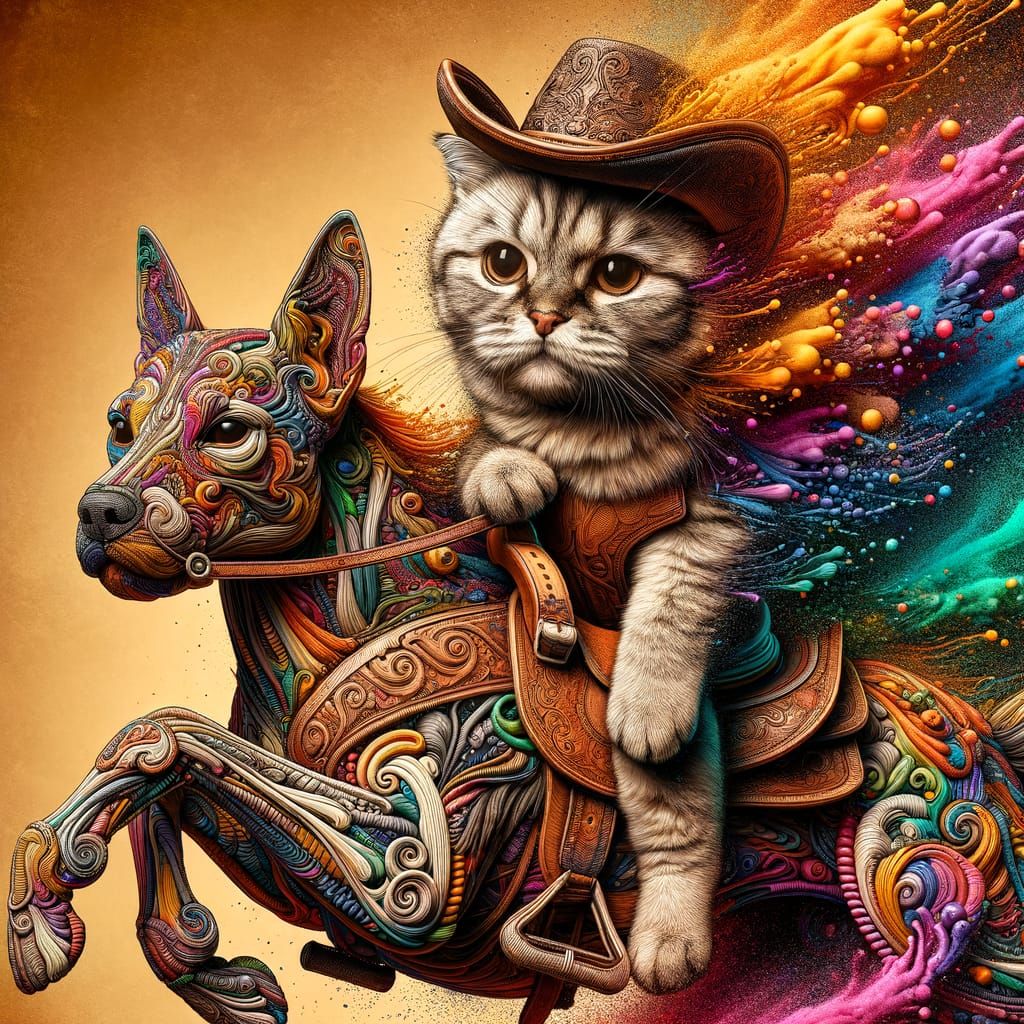 Cute Cat Rides Adorable Dog with Intricate Saddle