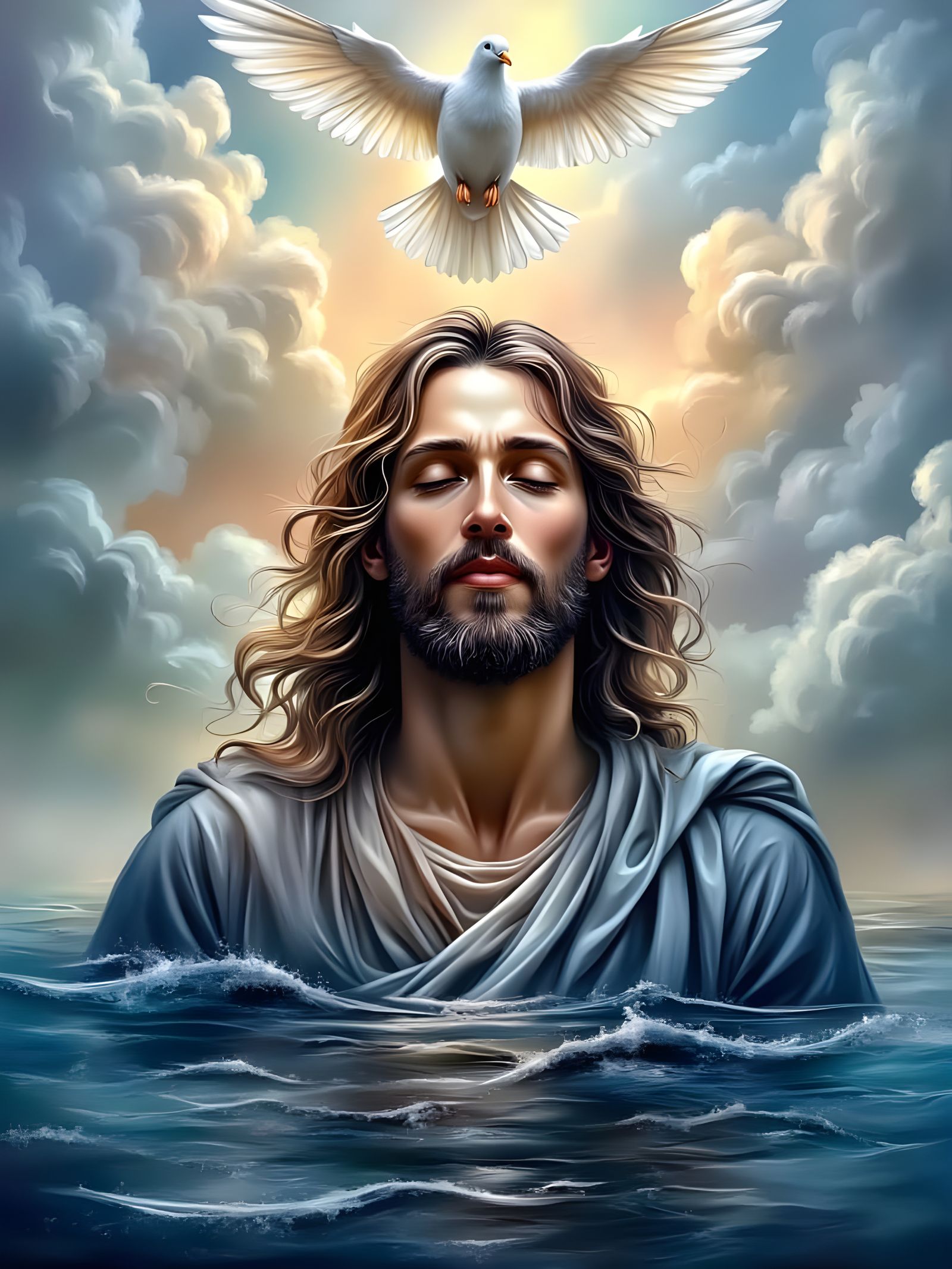 Jesus in Soft Winter Light with White Dove and God's Presenc...