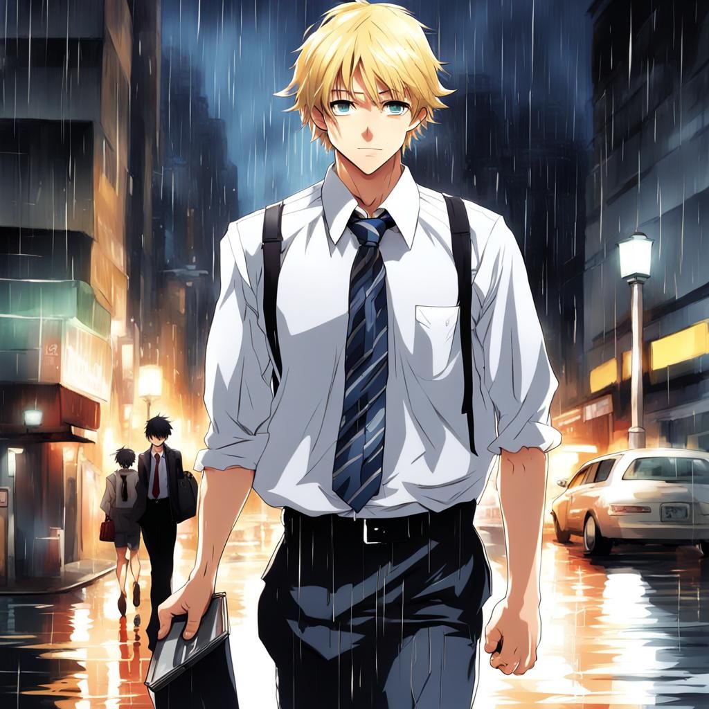 Anime Style Office Worker Running in Rain
