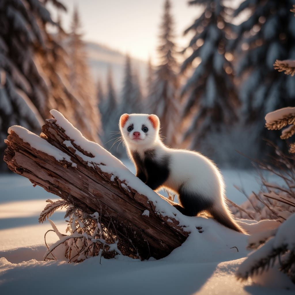 Cute White Ferret in Snowy Forest at Golden Hour