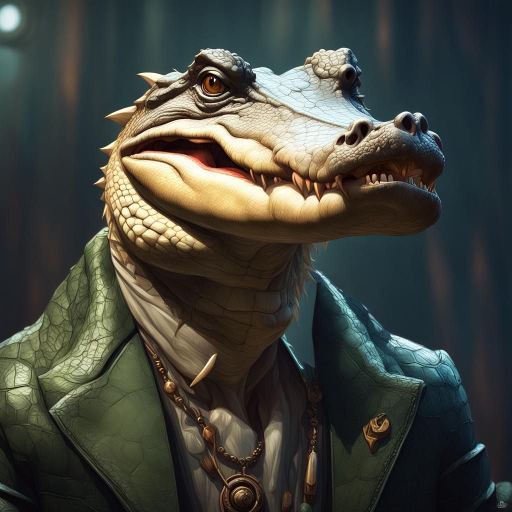 Detailed Crocodile-Man Portrait in Art Nouveau Style