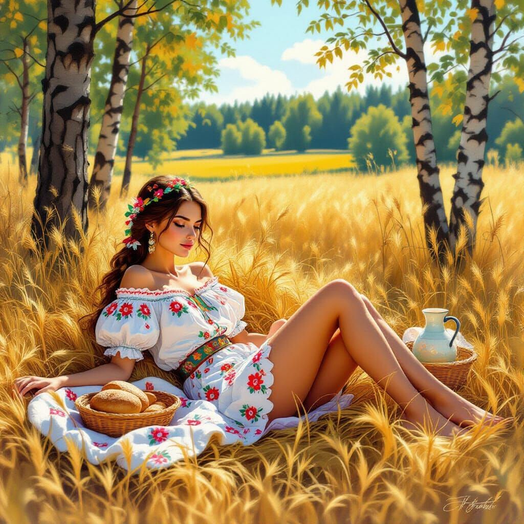 Slavic Girl in Golden Grass: Dreamy Realism