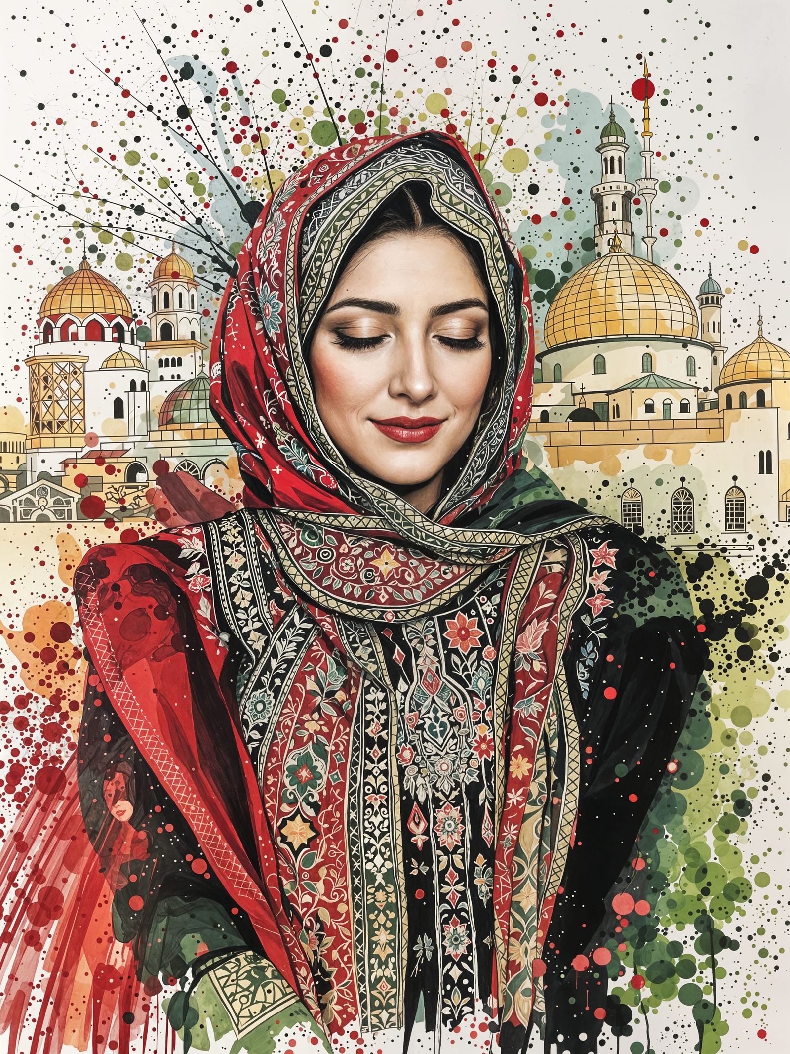Palestinian Woman in Embroidered Dress with Al-Quds Backgrou...