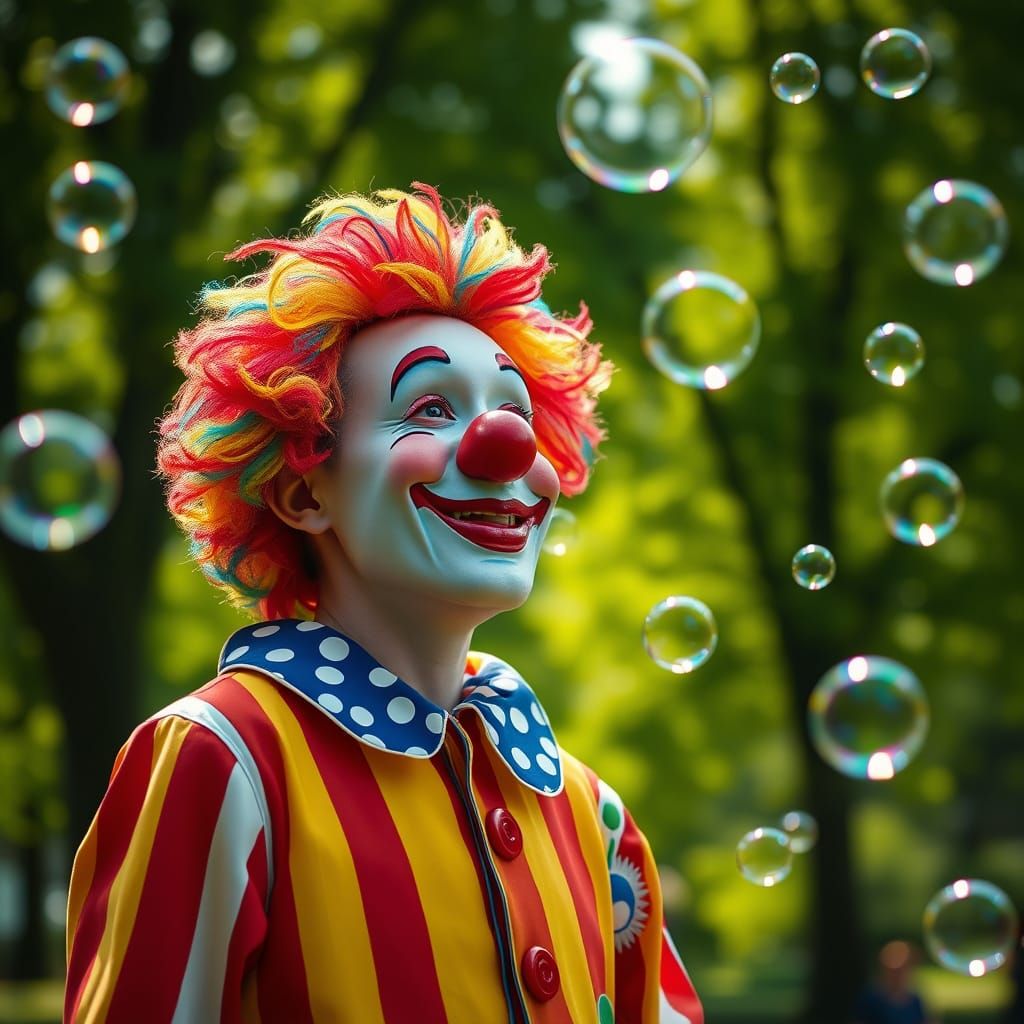 Cheerful Clown Blowing Bubbles in Sunny Park