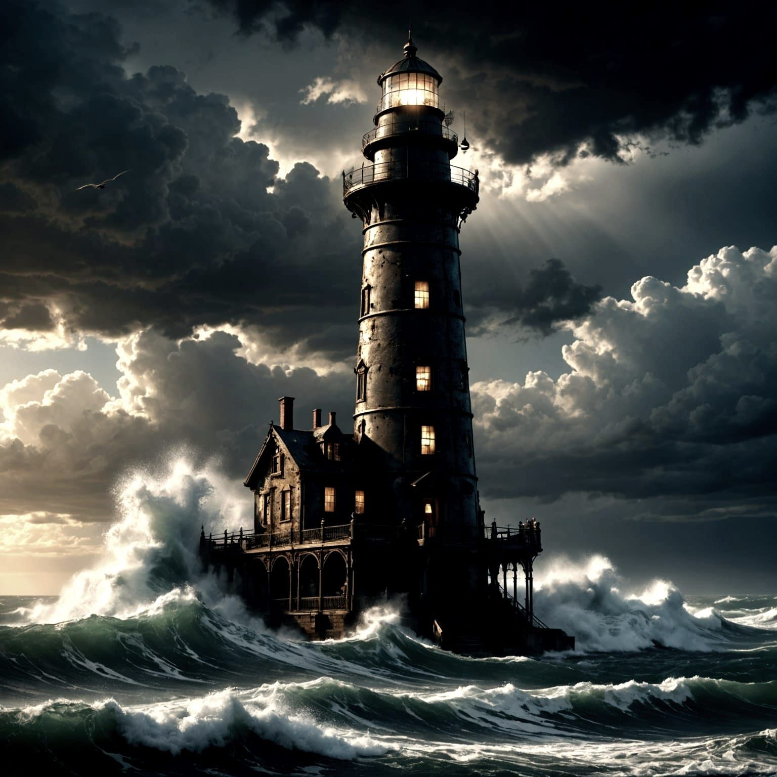 Steampunk Lighthouse in Stormy Seas, Photorealistic Digital ...