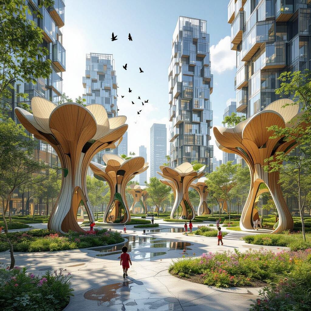 Futuristic Organic Urban Park on a Sunny Day