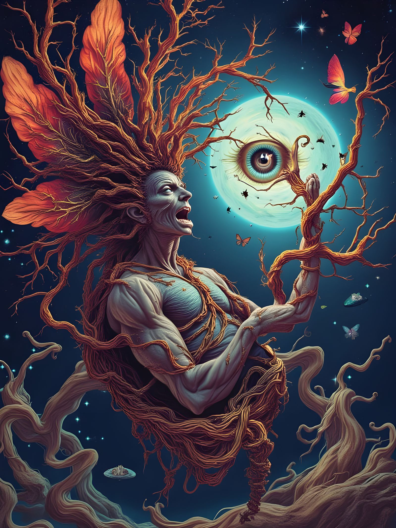 Mutated Man with Hyperrealistic Eyes in Fractal Dreamscape