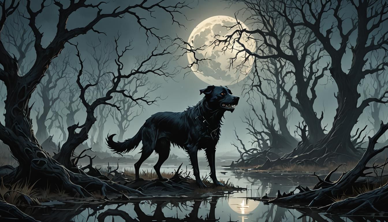 Eerie Black Hound in Misty Marsh, Dark Fantasy Art