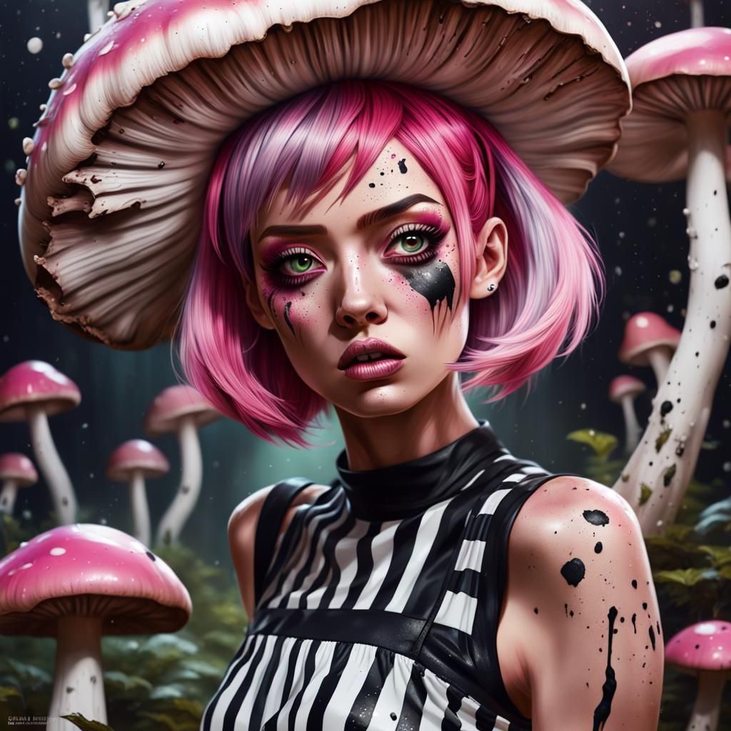 Wonderland Girl with Mushroom in Splatter Art Style
