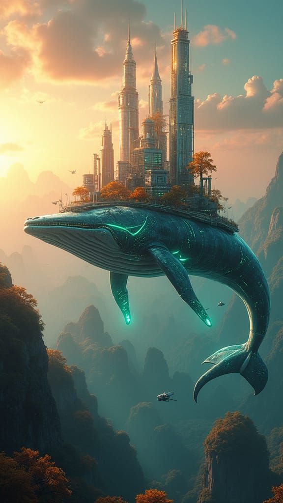 Surreal Whale Carries Futuristic City Through Ethereal Sunse...