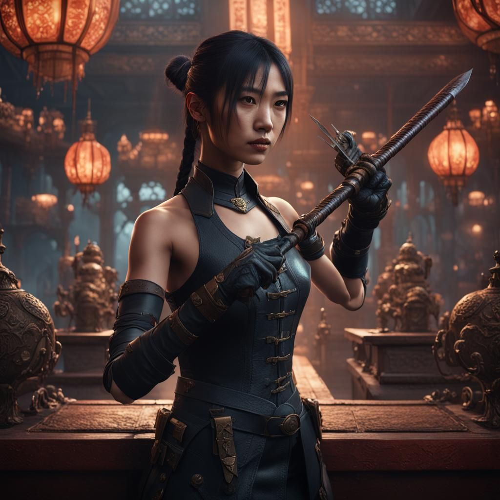 Asian Woman in Leather: Detailed Fantasy Art