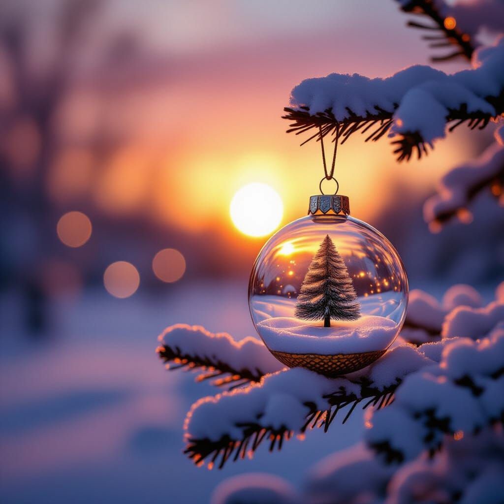 Christmas Ornament on Snowy Branch at Sunset