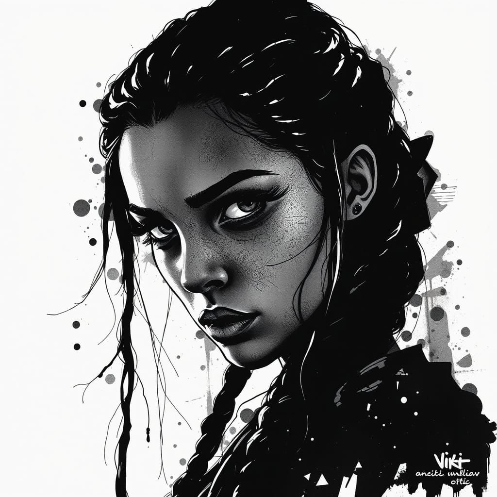 Dieselpunk Ink Portrait of Braided Girl