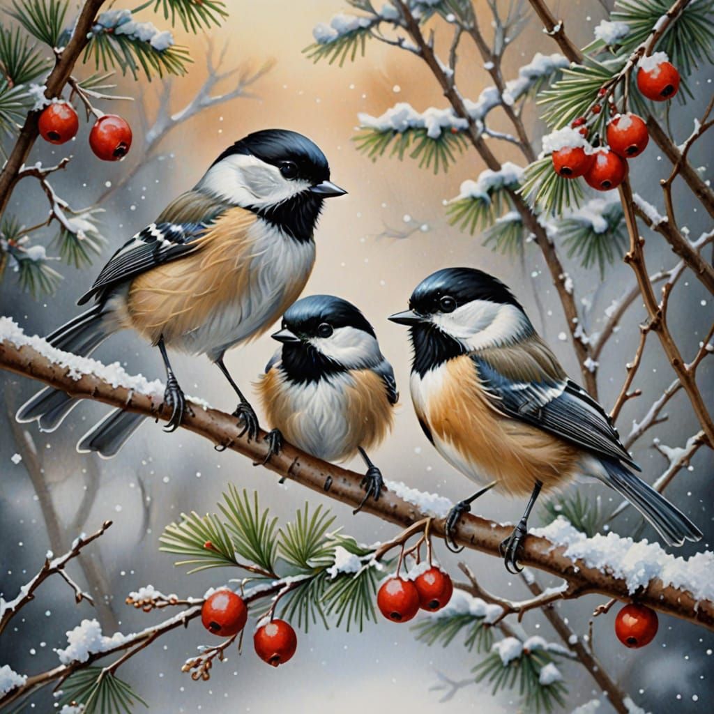 Chickadees in Winter Wonderland, Hyperrealistic Watercolor M...