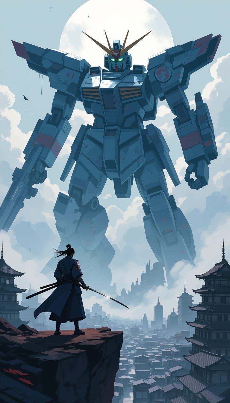 Samurai Warrior Battles Giant Mecha in Epic Anime Style