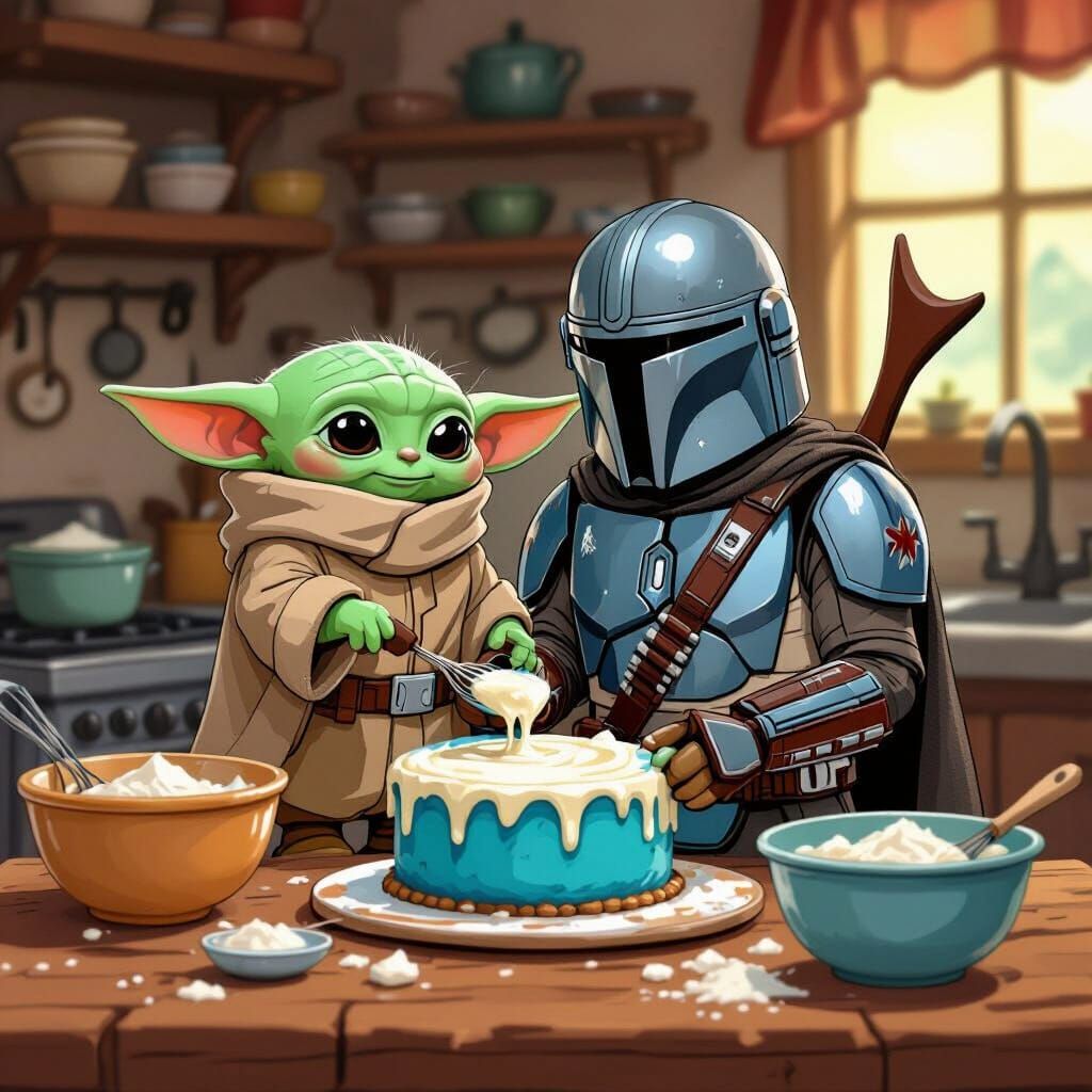 Grogu and Mandalorian Baking Blue Milk Cake