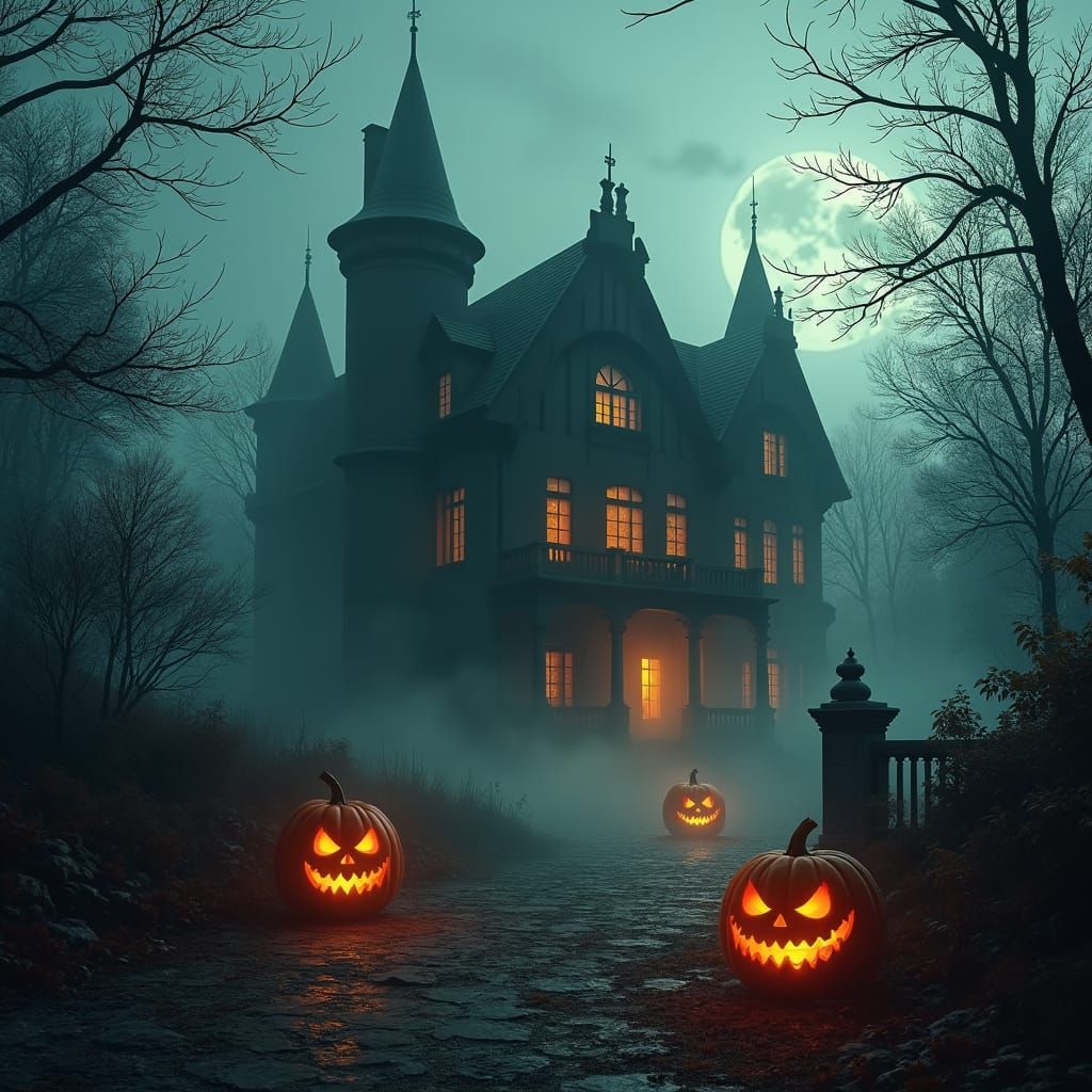 Eerie Mansion with Jack-o'-Lanterns in Mist