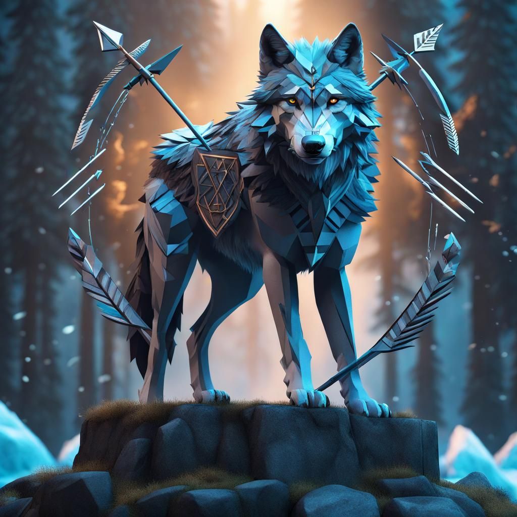 Geometric Nordic Wolf with Arrows, Matte Painting