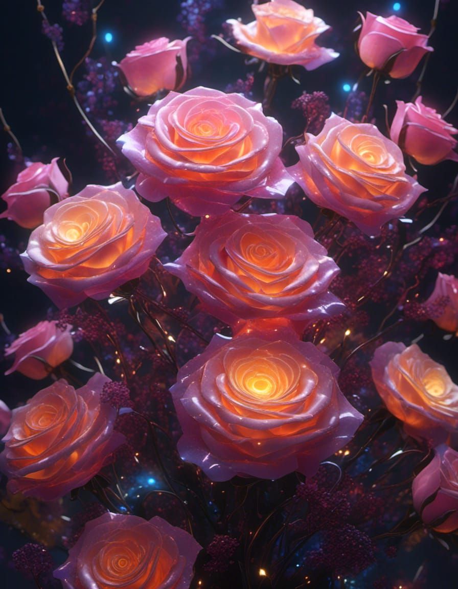 Luminous Roses with Fractal Wiring in Hyperrealistic Style
