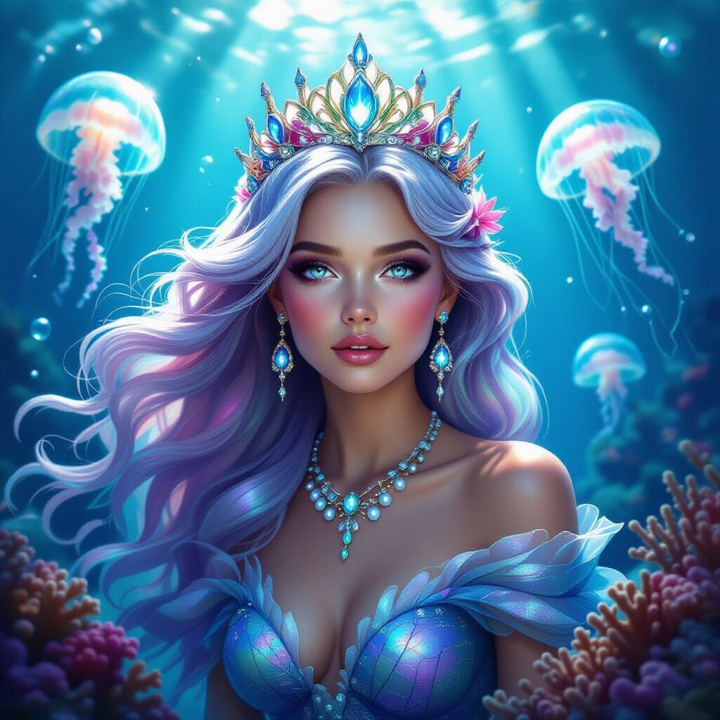 Iridescent Mermaid Queen in Deep Ocean Fantasy