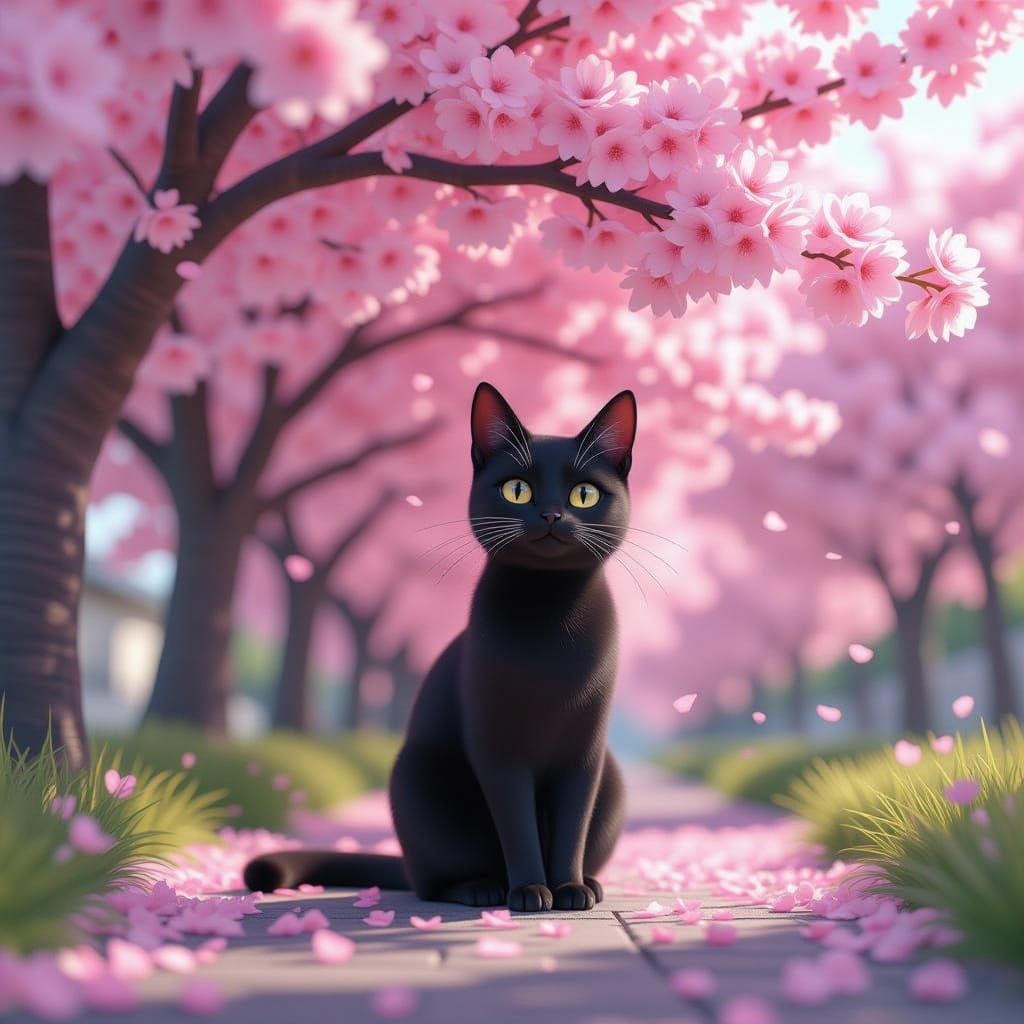 Black Cat Among Cherry Blossoms in Anime Style