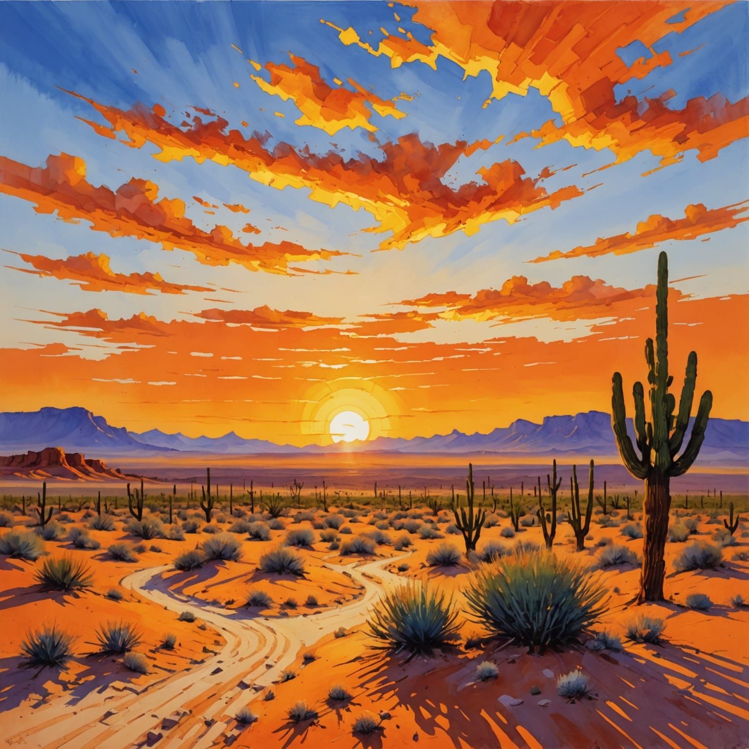 Vibrant Desert Sunset in Gouache Impressionist Style
