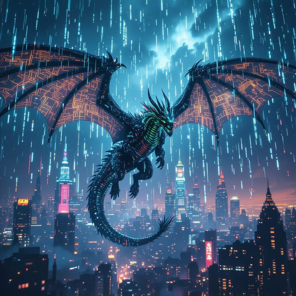 Colossal Dragon With Circuit Wings Over Neon Cityscape