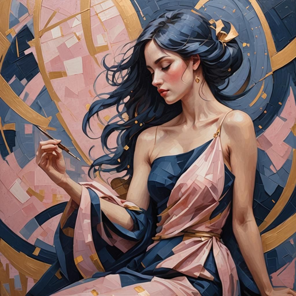 Cubism Meets Art Nouveau in Navy, Pink, and Gold