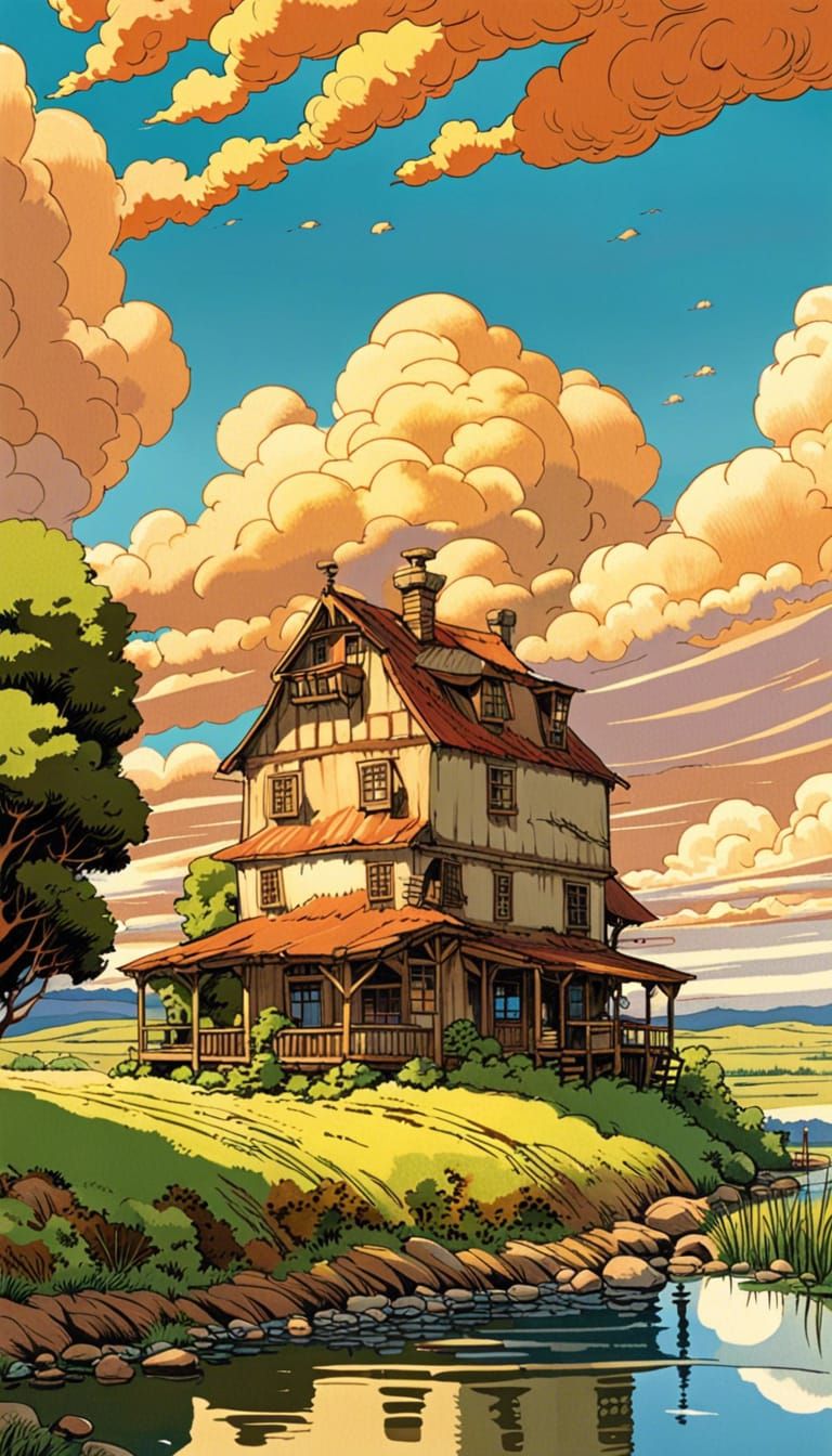 Solarpunk Farmhouse by River in Ghibli Comic Style